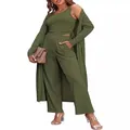 Set 3 pezzi da donna in maglia verde oliva con cardigan lungo e pantaloni larghi - Taglia S / Sopra e Sotto (L8095) / Verde militare