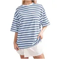 Women's casual blue and white horizontal striped crew neck T-shirt with half sleeves - Blue and White Stripes