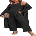 Completo chic da donna 3 pezzi nero con cardigan lungo, canotta e pantaloni a gamba larga - Taglia S / Sopra e Sotto (L8095) / Nero