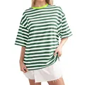 Casual oversized green and white striped T-shirt with a lime green contrast crew neck - Green and White Striped