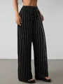 Elegant women's black vertical striped wide leg trousers with adjustable drawstring waist - XS / Bottoms / Black