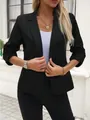 Elegant black notched lapel blazer with ruched 3/4 sleeves for a professional business look. - S / Tops / Black