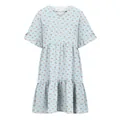 Detailed view of light blue short sleeve dress with red cherry pattern and ruffle V-neck. - S / Sky Blue