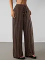 Casual brown striped wide-leg pants with elastic drawstring waist for a loose fit - XS / Bottoms / Dark Brown