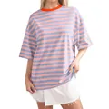 Women's casual pink and blue striped T-shirt with orange round neck and loose fit - Red Collar Blue and Orange Stripes