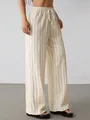 Stylish beige vertical striped wide-leg pants featuring a comfortable drawstring elastic waist - XS / Bottoms / Apricot
