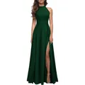 Elegant dark green halter neck evening gown with high slit and formal long maxi skirt - S / Bottoms / Dark Green