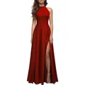 Elegant red halter neck evening gown with sexy high slit for formal cocktail parties - S / Bottoms / Red