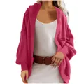 Cozy magenta oversized hooded open-front cardigan for women with ribbed cuffs and pockets - S / Tops / Rose Red