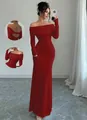 Elegant high-end red off-shoulder maxi evening gown with open back twist detail - S / Top And Bottom (QBL43) / Burgundy