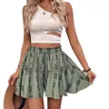 Stylish sage green floral A-line mini skirt paired with a white one-shoulder top - S / Bottoms / Sea Green