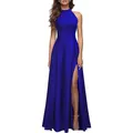 Elegante koningsblauwe avondjurk met halternek en hoge split voor formele feesten. - Saffierblauw