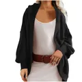 Women's casual oversized black hooded cardigan with ribbed cuffs for fall and winter - S / Tops / Black