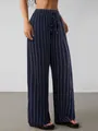 Lässige marineblaue gestreifte Hose mit weitem Bein und elastischem Kordelzug für Damen - Marineblau