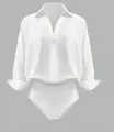 Μπροστινή όψη ενός κομψού λευκού slim-fit bodysuit πουκαμίσου με γιακά και λαιμόκοψη V - S / Tops / Λευκό