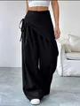 Stylish black irregular wrap wide leg suit trousers for women detail view - S / Bottoms / Black