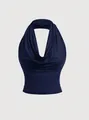 Detail of a navy blue halter neck tank top with elegant draped neckline and slim fit. - S / Tops / Navy Blue