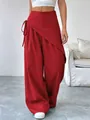 Elegant red asymmetrical wrap wide-leg trousers featuring a stylish waist tie detail. - S / Bottoms / Red