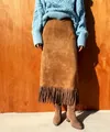 Women's elegant brown faux suede H-line midi skirt featuring a stylish fringe hemline - S / Bottoms / Tan