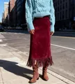 Elegant burgundy fringe suede long skirt for women's autumn and winter street fashion - S / Bottoms / Dark Red