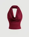 Elegant maroon halter neck top featuring a stylish draped cowl neckline and slim-fit cut. - S / Tops / Burgundy