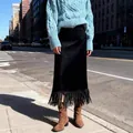 Elegant black H-line long suede skirt with fringe hem for women's autumn winter fashion - S / Bottoms / Black