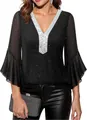 Close-up of black sparkly women's top with silver sequin V-neck and tiered bell sleeves - S / Tops / Black