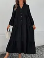 Vista completa de un vestido largo negro con cuello en V, volantes y mangas campana. - S / Tops / Negro