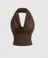 Detailed view of the elegant dark brown draped cowl neck halter top for women's fashion - S / Tops / Coffee