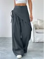 Charcoal grey irregular wrap-front wide-leg suit trousers with a stylish asymmetrical design - S / Bottoms / Slate Gray