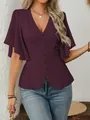 Close-up of deep V-neck blouse with elegant button details and flutter sleeves - S / Top (AXR723) / Dark Red