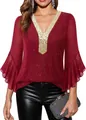 Close-up of elegant burgundy sequined V-neck top with bell sleeves and gold trim - S / Tops / Red