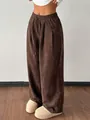 Women's vintage brown corduroy wide-leg trousers with high waist and drawstring design - S / Bottoms / Coffee