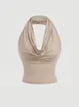 Close-up of a beige cowl neck halter tank top with elegant fabric draping details. - S / Tops / Apricot