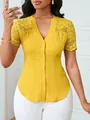 Detail of mustard yellow slim fit top with elegant lace crochet sleeves and buttons - S / Tops / Yellow