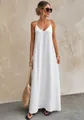 Full view of elegant white V-neck maxi dress featuring textured fabric on female model - S / Top And Bottom / White