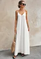 Full view of elegant white V-neck maxi dress featuring textured fabric on female model - S / Top And Bottom / White