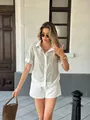 Stylish women's striped short sleeve shirt with color block design and polo collar detail. - XL / Tops / Khaki Stripe