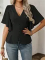 Close-up of black V-neck button-up blouse with flutter sleeves and slim fit design - S / Top (AXR723) / Black