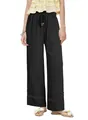 Full view of women's black high-waist wide-leg trousers with elegant lace hem detailing - S / Bottoms / Black