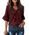 Elegant casual V-neck burgundy blouse with textured fabric and ruffle sleeve details - Burgundy