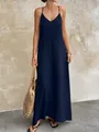 Full-length view of a navy blue V-neck slip dress with textured fabric. - S / Top And Bottom / Navy Blue