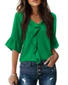 Close-up of women's emerald green V-neck blouse with elegant ruffle detailing and half sleeves - S / Tops / Green