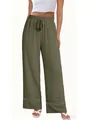 Detailed view of fashionable high-waist olive green wide-leg trousers with lace trim at hem - S / Bottoms / Army Green
