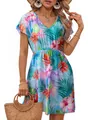 Sommerliches Mesh-Kleid mit tropischem Blumendruck V-Ausschnitt und Taillenbund - S / Tropical Floral Style / Himmelblau