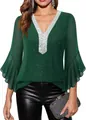 Close-up detail of sparkly green V-neck top with sequined trim and flared bell sleeves - S / Tops / Green