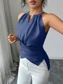 Top sexy azul con cuello halter sin mangas con detalle cruzado en la cintura y cuentas - S / Tops / Azul Denim