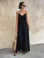 Elegant black V-neck spaghetti strap maxi dress shown in a full-length street style pose - S / Top And Bottom / Black
