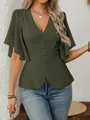 Close-up detail of a dark green V-neck button-down blouse with a flared peplum waist - S / Top (AXR723) / Army Green