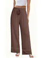 Close-up of brown high-waisted wide-leg pants featuring a delicate lace hem detail - S / Bottoms / Coffee